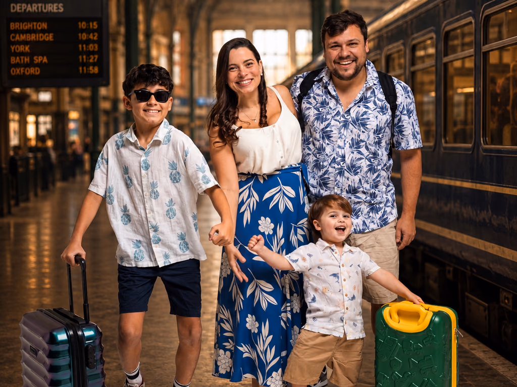 Família sorrindo em uma estação de trem, com malas prontas para viajar.
